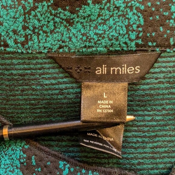 Ali Miles top Shirt Blouse Size Large Stretch Green Black 3/4 Sleeve Pocket - Picture 6 of 11